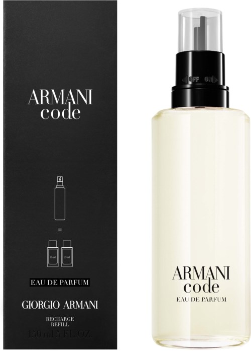 A perfume bottle and black box, both labeled 'Armani Code,' with simple design and text indicating it's Giorgio Armani Eau de Parfum.