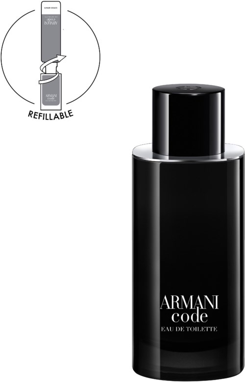 A black bottle of Armani Code Eau de Toilette with a removable cap and a diagram showing how to refill it.