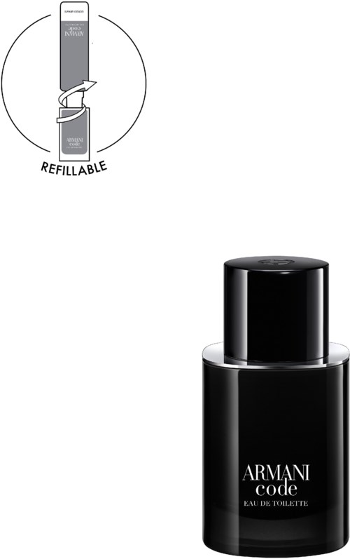 A black Armani Code perfume bottle with a simple, sleek design. It is refillable, as shown in the illustration.