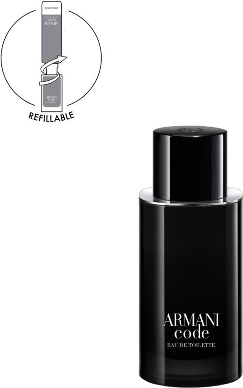 A black bottle of Armani Code perfume with a spray nozzle and a refillable module shown in a diagram.