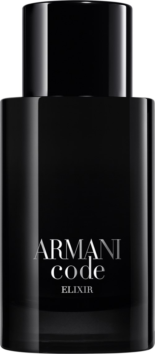 En svart flaska med vitt text som säger 'ARMANI code ELIXIR'. Den ser elegant och snygg ut.