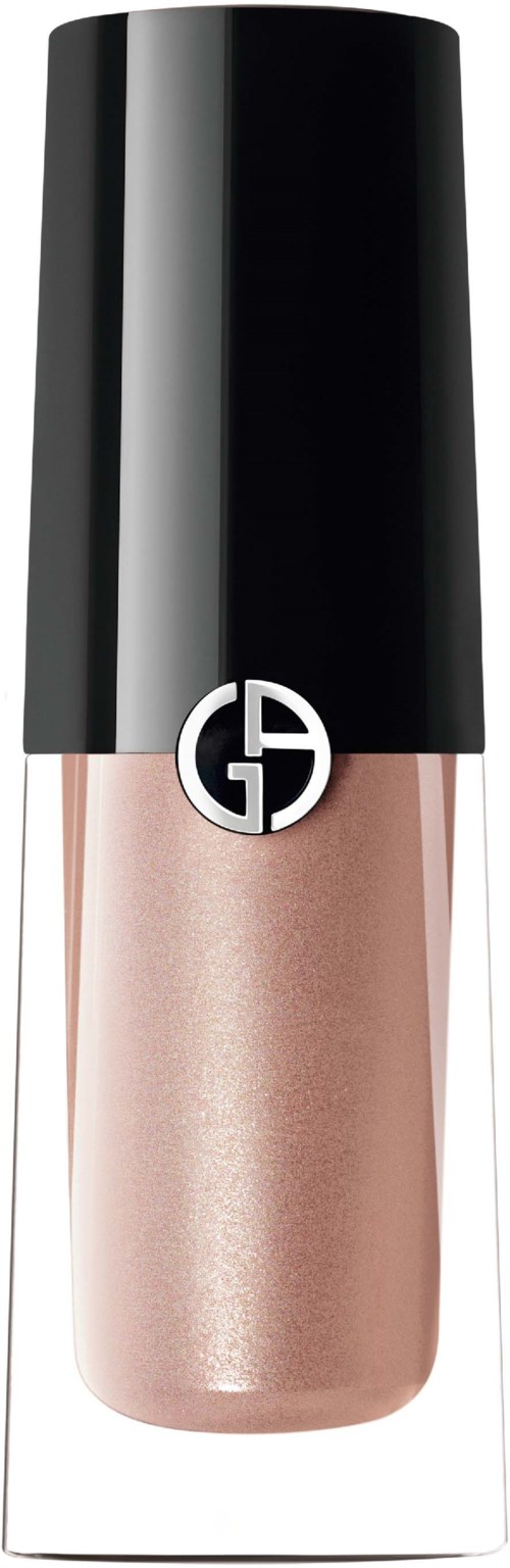 A bottle of Giorgio Armani lipstick, light pink color with shiny finish, black cap, and logo on the front.