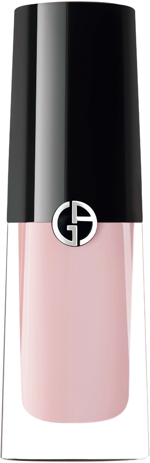 A pink nail polish bottle with a black cap and a round logo.
