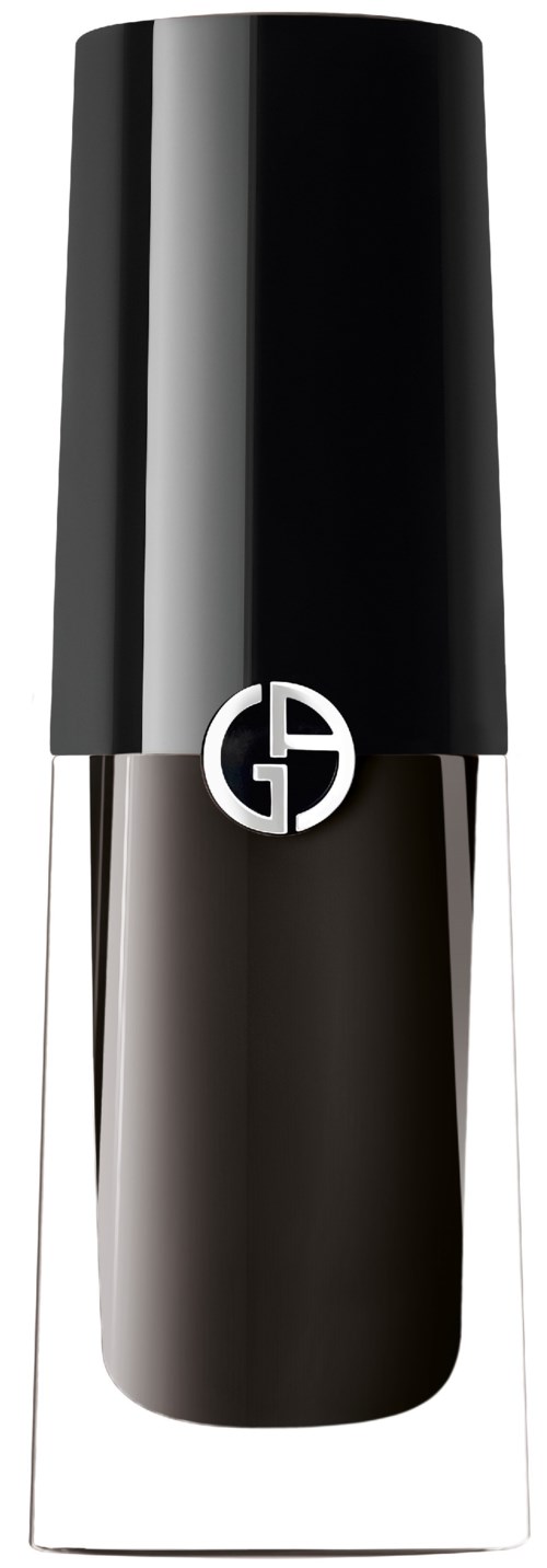Ein eleganter schwarzer Lippenstift mit silbernem Logo, steht aufrecht vor weißem Hintergrund.