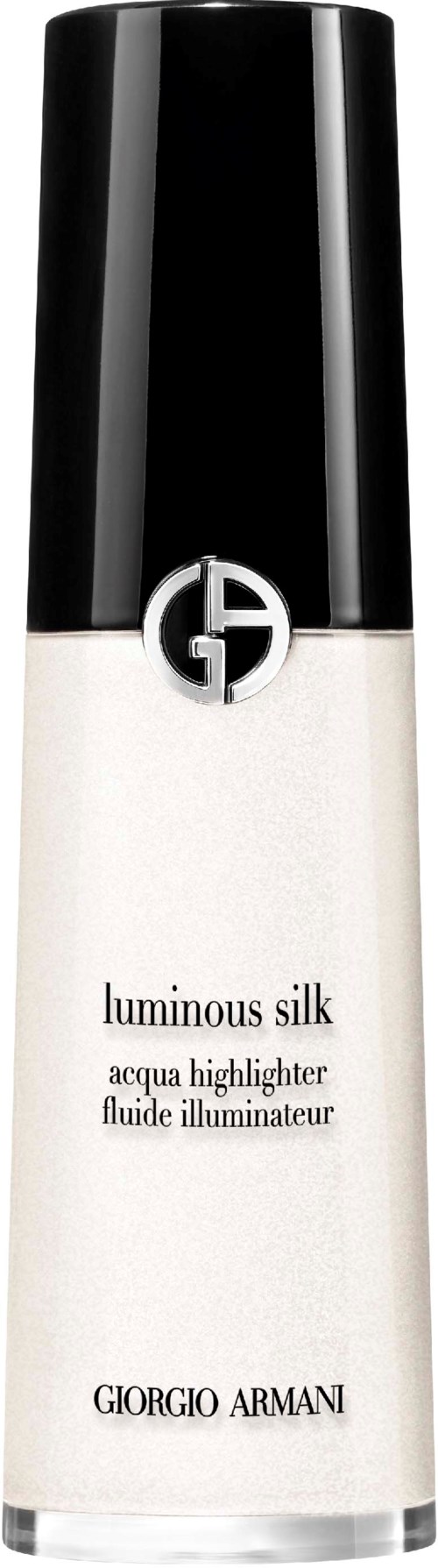 Valkoinen pullo, jossa musta korkki, merkitty 'luminous silk' ja 'Giorgio Armani.'