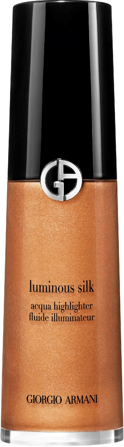 Giorgio Armani luminous silk acqua highlighter pitkän, kapean pullon kanssa mustalla kannella ja logolla.