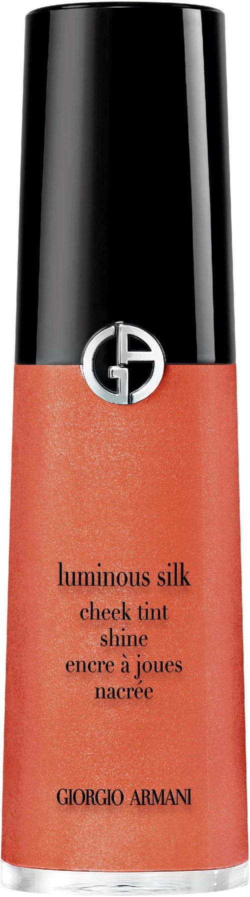 A Giorgio Armani cheek tint with a black cap and peach-colored bottom, labeled "luminous silk cheek tint shine."