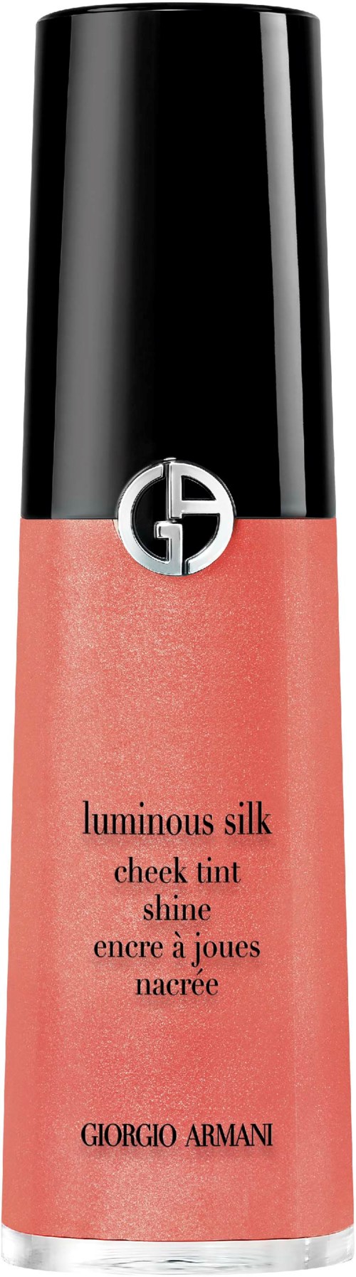 A Giorgio Armani green and pink lip gloss bottle with a black cap and logo on it.