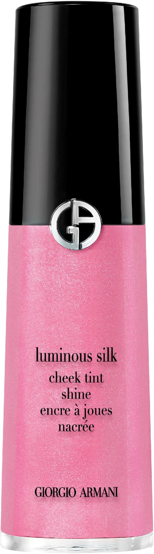 A pink cheek tint bottle with black cap, featuring a logo and text about product name and brand Giovanni Armani.