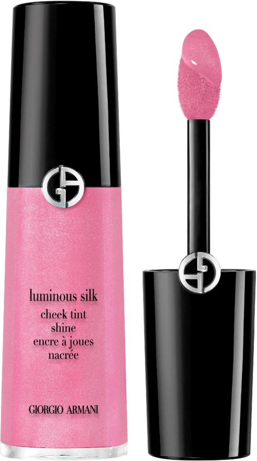 Pink lip gloss bottle with a black cap and an applicator inside. The label says Giorgio Armani Luminous Silk cheek tint.