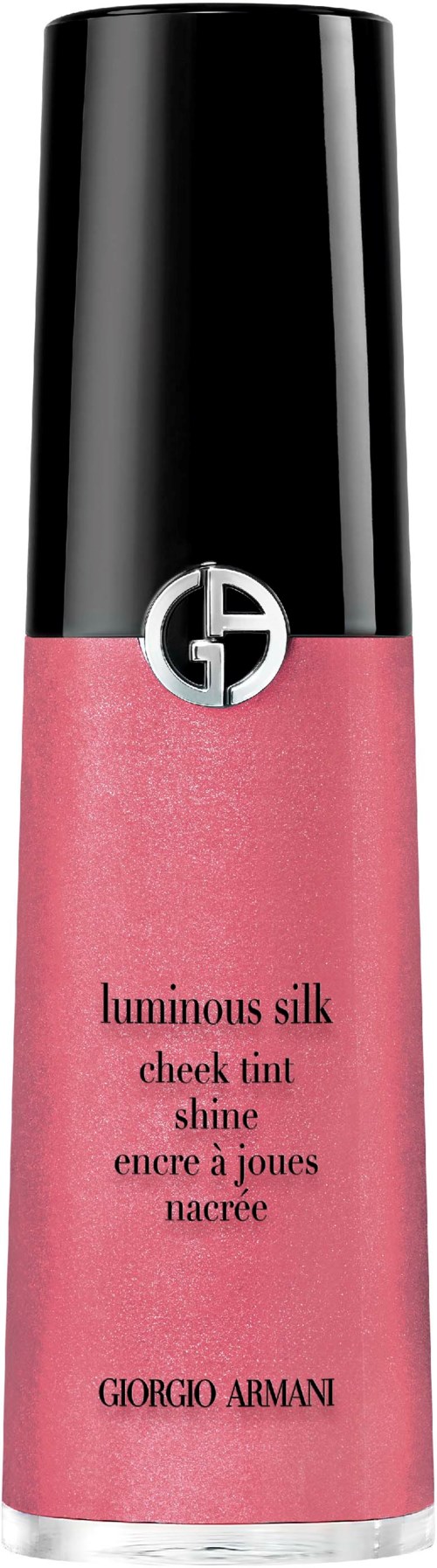 A pink lip gloss with a black cap branded Giorgio Armani and labeled as luminous silk cheek tint.