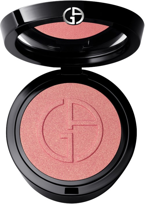 A pink blush in a black round compact with a lid, featuring a silver logo on top.