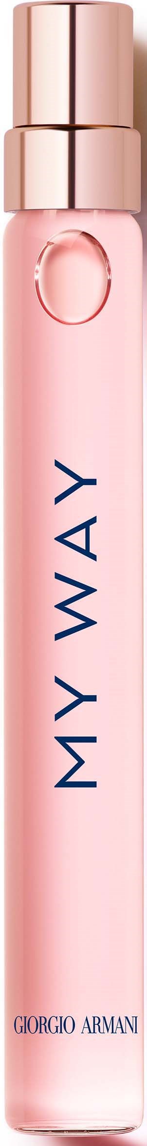 Rosa, zylindrische Sprühflasche mit roségoldener Kappe, beschriftet 'MY WAY' von Giorgio Armani.