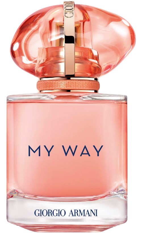 A pink perfume bottle labeled 'MY WAY' by Giorgio Armani with a fancy cap.