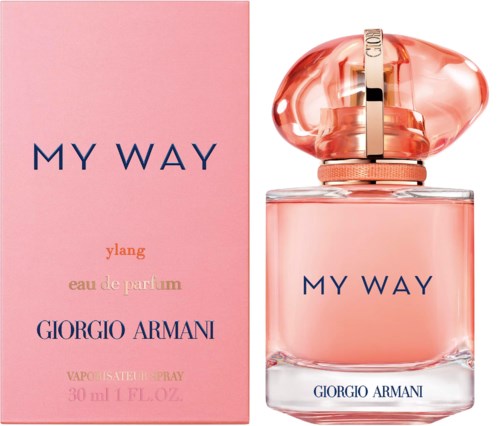 A perfume bottle and box labeled 'My Way' by Giorgio Armani, pink and elegant design, with a shiny cap.