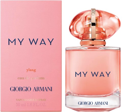 Een roze parfumfles en doos met 'My Way' door Giorgio Armani.