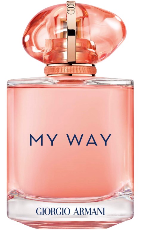 Vaaleanpunainen hajuvesipullo, jossa on pyöreä koristeellinen kansi ja tekstit "MY WAY" ja "GIORGIO ARMANI".