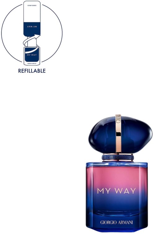 Een parfumfles met het label MY WAY van GIORGIO ARMANI, met een blauwe en roze verloop en ronde dop.