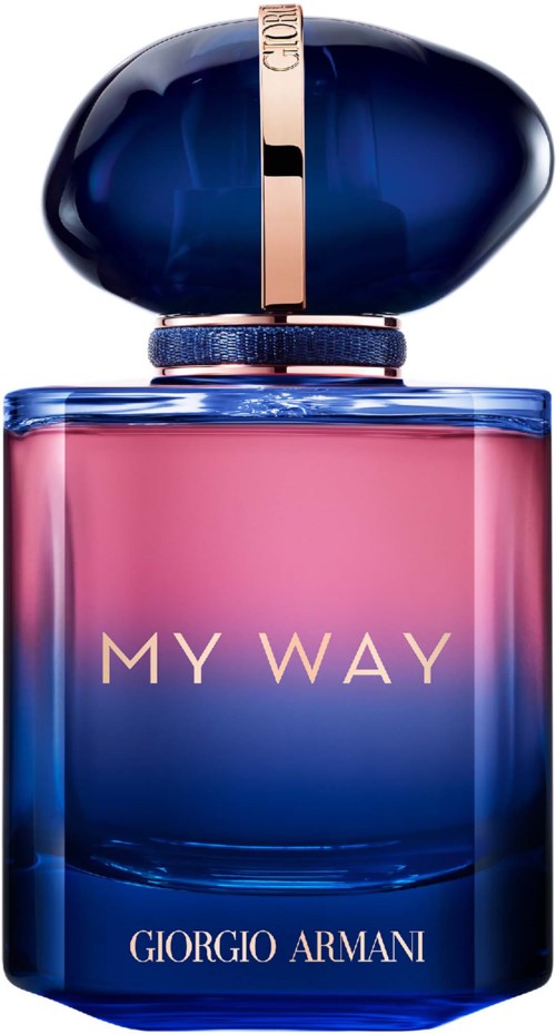A Giorgio Armani perfume bottle with pink and blue colors, white text, and a large blue cap.