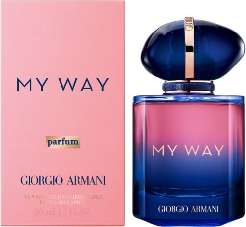 A perfume bottle with blue and pink colors, with a pink box labeled 'MY WAY' and 'parfum'.