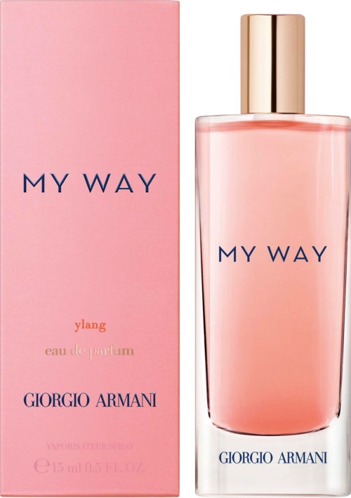 En rosa parfymförpackning och flaska med guldlock, märkt 'My Way' av Giorgio Armani.