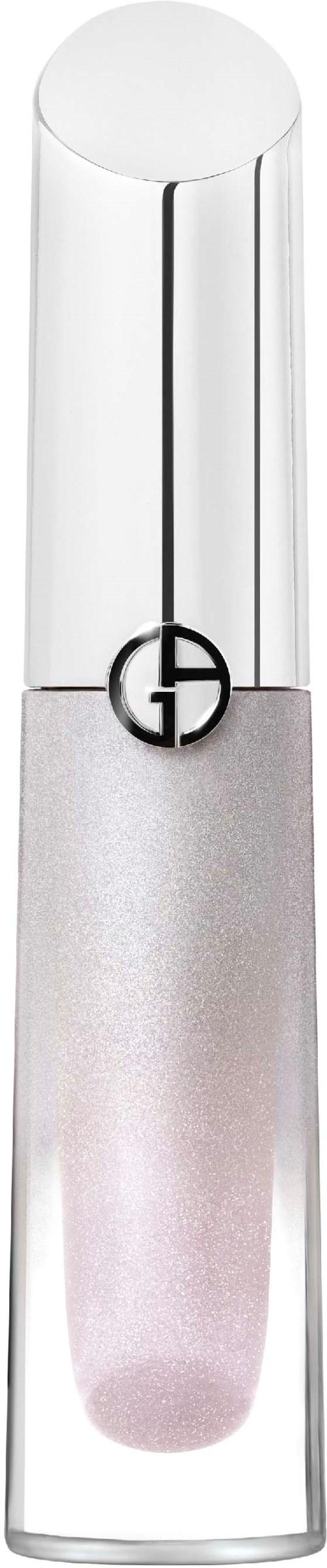 A clear lipstick tube with a silver glitter bottom and a white cap.