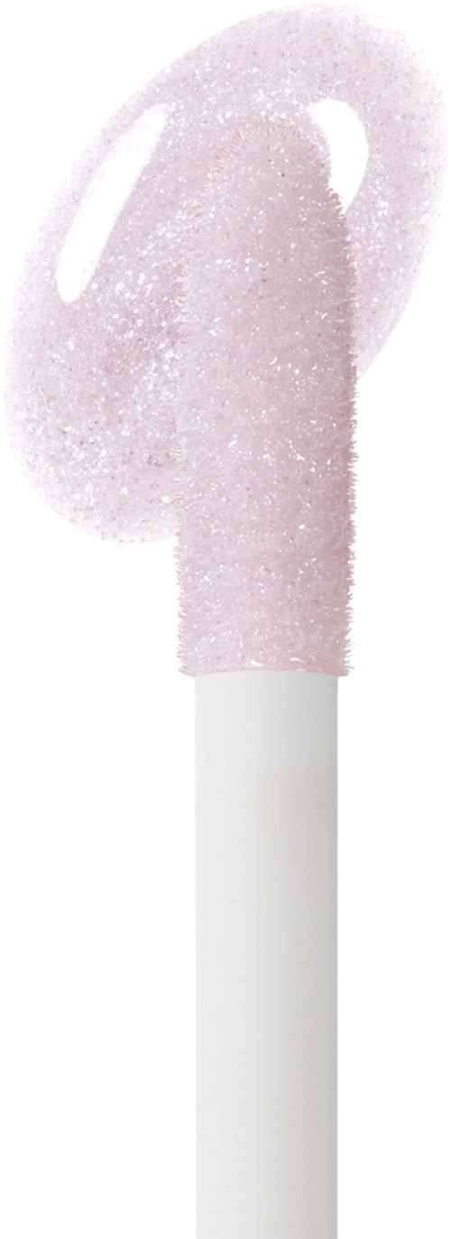 A pink, glittery makeup brush with a white handle, sparkling and shiny.