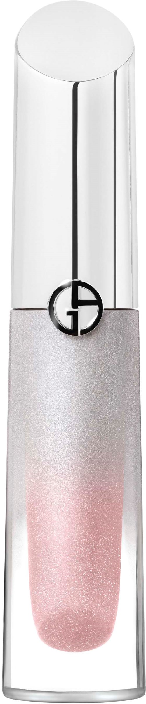 Ein durchsichtiges Lippenstiftgehäuse mit Silber- und rosafarbenem Lippenstift. Der Deckel ist durchsichtig, zeigt den Lippenstift.
