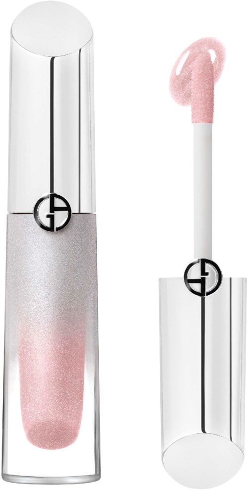 Lippen gloss in Hellrosa mit glänzender Verpackung, gezeigt in geschlossener und geöffneter Ansicht.