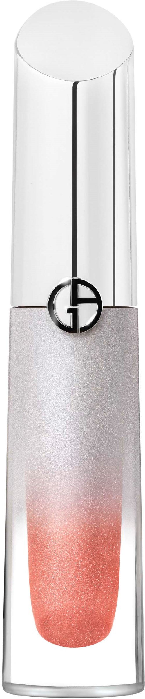 A clear lipstick tube with red lipstick inside, featuring a round, white cap.