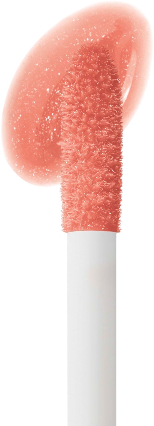 A makeup sponge with a long handle, light pink color, and textured surface for applying makeup.