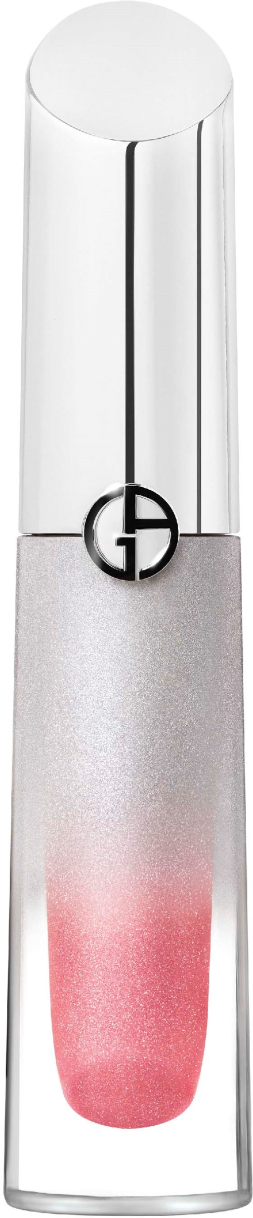 Ein durchsichtiges Glasbehälter mit weißem Deckel, rosa Flüssigkeit drin, und Logo oben.