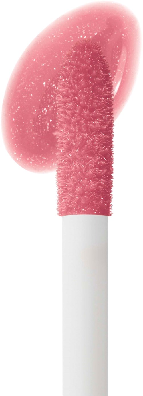 Rosenfarbener Lipgloss mit Glitter, Applikatorstab, weißer Griff und runde Schwammtülle.