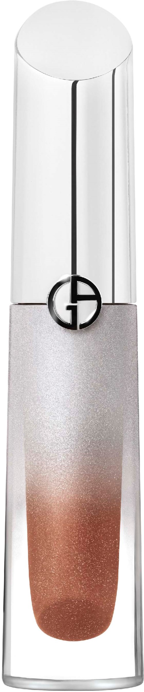 A clear tube with a silver cap contains a pinkish liquid or powder inside.