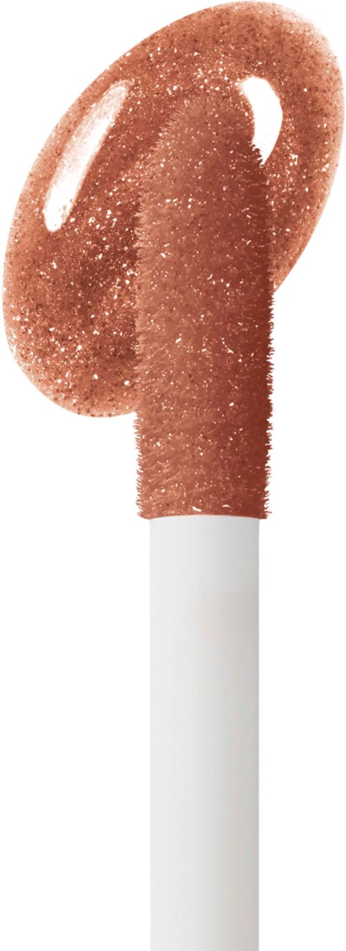 A makeup applicator with a brown, shimmery product on it, attached to a white stick.