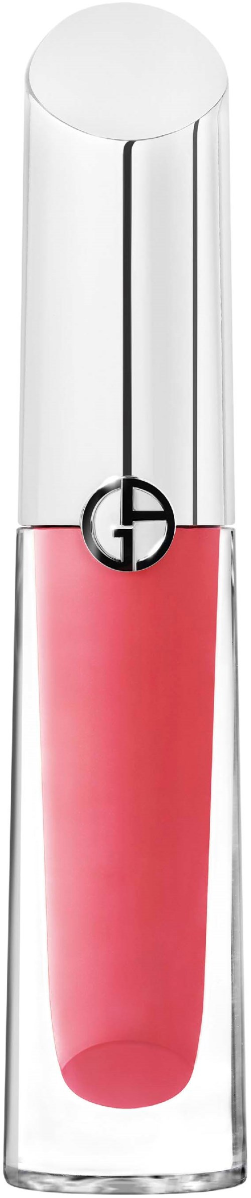 A lipstick tube with a pink lip color inside. The tube is clear with a silver cap.