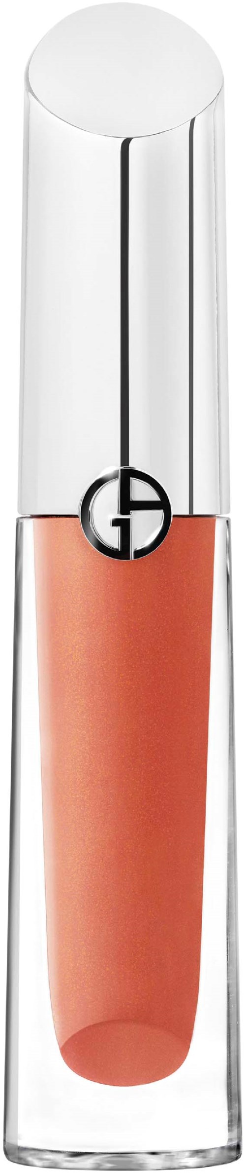 A clear lipstick tube with a peach-colored lipstick inside and a silver cap on top.