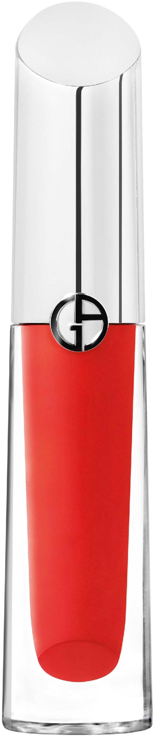 A clear tube containing red lipstick with a silver cap and a black logo on the cap.