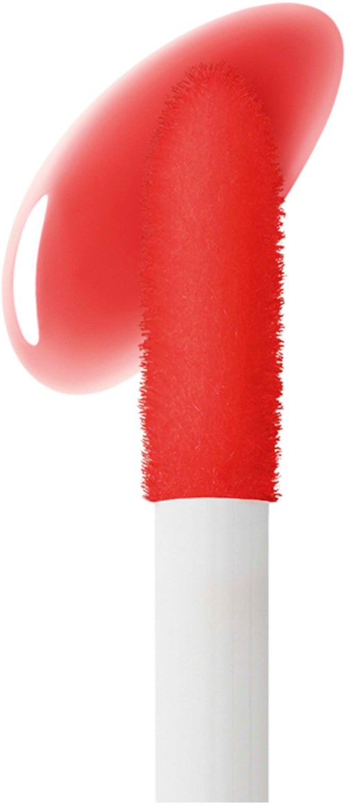 A red, curved lipstick with a white handle, partially twisted open revealing the color.