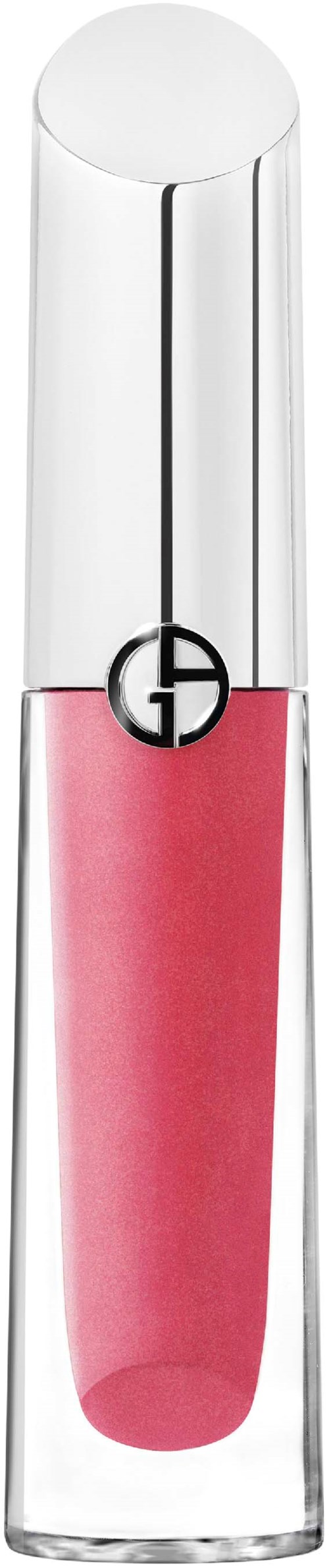 A lipstick tube with a pink lipstick inside and a shiny silver cap.