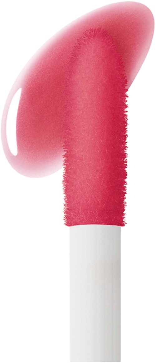 Lip gloss with a pink color on a white stick. The gloss is shiny and smooth. The stick is white.