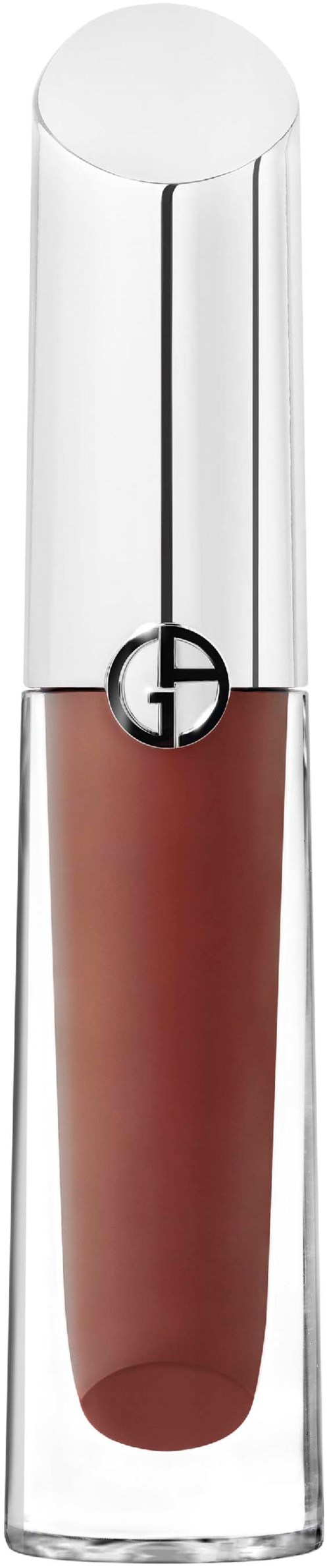 A lipstick with a transparent casing showing a brownish-red color inside and a shiny silver cap.