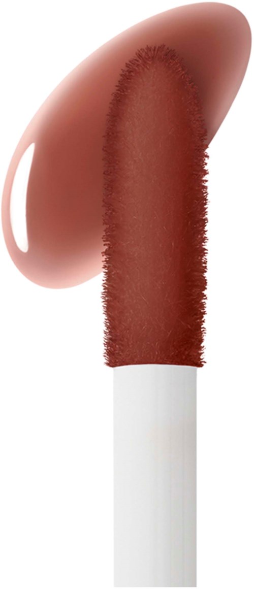 A lipstick with a swatch showing its color and texture, and a lipstick shape above it.