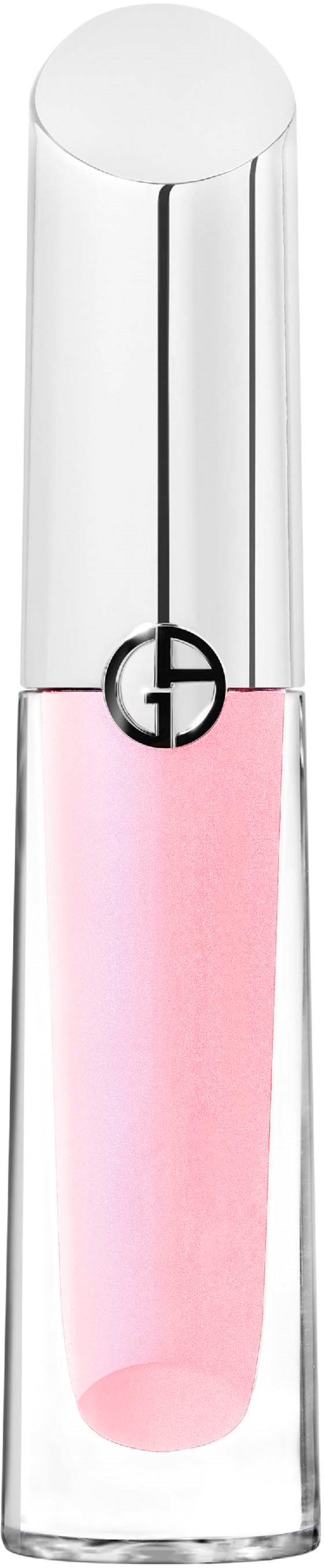 A clear, tall bottle with a pink liquid inside and a black logo near the top.