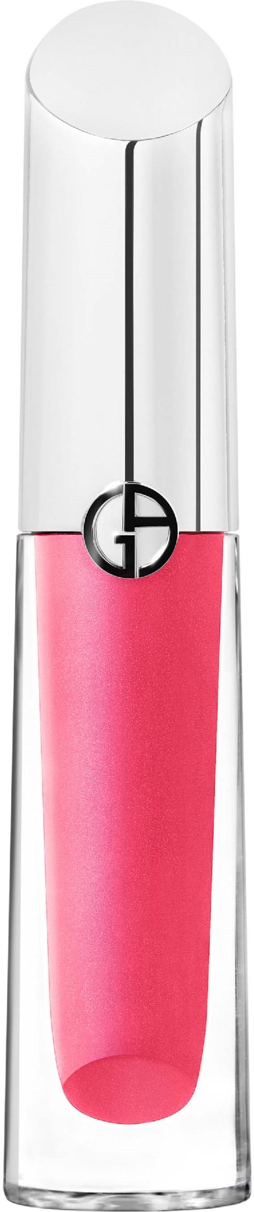 A glass tube with pink liquid and a silver cap, likely a lip gloss. The cap has a logo on it.