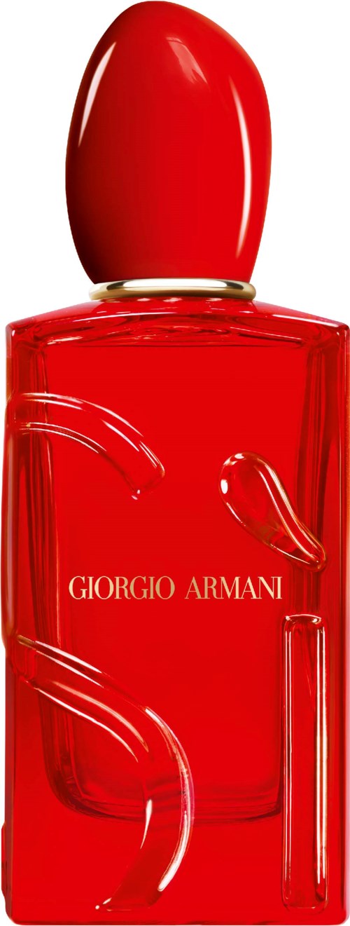 Punainen Giorgio Armani -hajuvesipullo, jossa pyöreä kansi ja tyylikäs muoto.