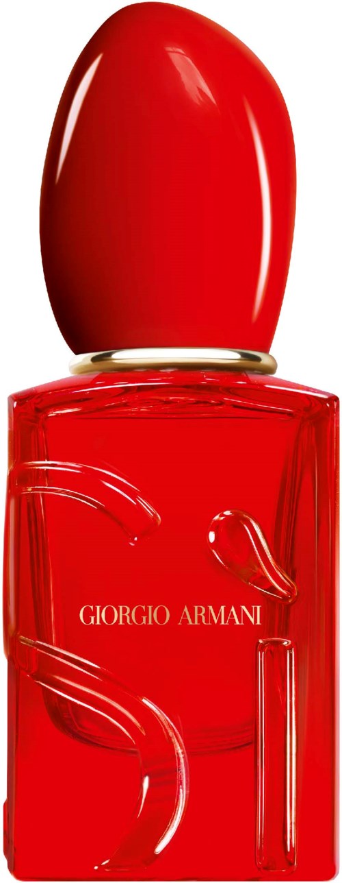 Eine rote Parfümflasche mit rundem Deckel und Giorgio Armani-Logo vorne.
