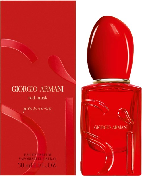 Giorgio Armani Red Musk Passione Parfümflasche und Schachtel, beide rot mit Armani-Logo und Designdetails.