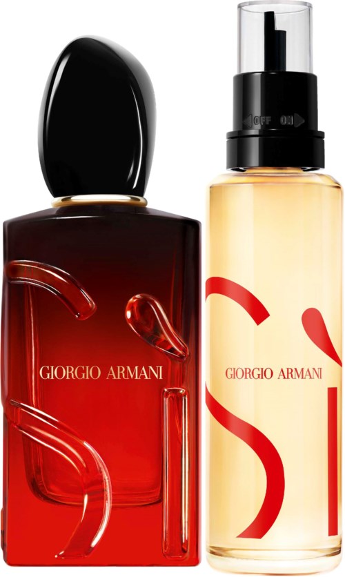 Kaksi Giorgio Armani -hajuvesipulloa, toinen punainen ja tummempi, toinen vaalea ja punaisella kirjaimella, valkoisella taustalla.