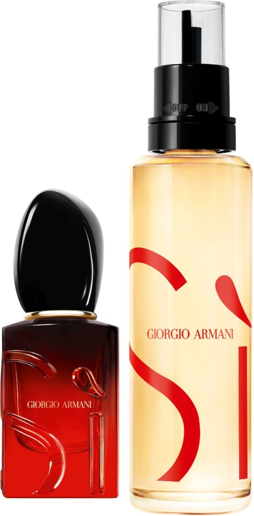 Kaksi parfyyttipulloa, punainen ja musta korkki, toinen kirkas suihkepullossa, molemmat merkki Giorgio Armani.
